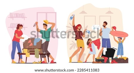 Characters Meticulously Packing Suitcases, Folding Clothes, And Arranging Items Neatly. Excitement Of Travel Preparation, Tourism, Luggage, Or Summer Vacation Concept. Cartoon Vector Illustration