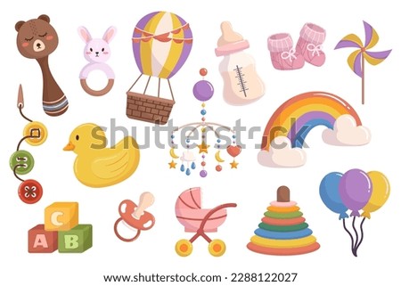 Collection Of Various Baby Toys And Items That Provide Entertainment And Promote Development. Rattles, Pyramid, Teething Rings, Cubes For Parenting Or Baby-related Content. Cartoon Vector Illustration