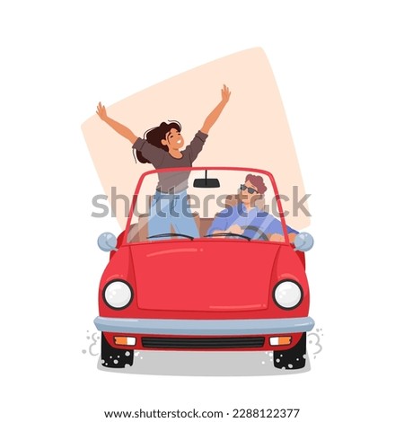 Excited Woman And Her Partner Characters Traveling By Car On A Scenic Route Promoting Travel, Adventure Or Road Trip Themes. Man Driving Auto and Girl Rejoice. Cartoon People Vector Illustration