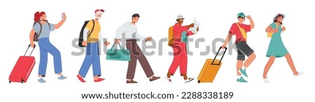 Tourists Men and Women Walking In Line Isolated on White Background. Image Capturing The Joy Of Characters and Promoting Travel Destinations Or Group Tour Packages. Cartoon People Vector Illustration