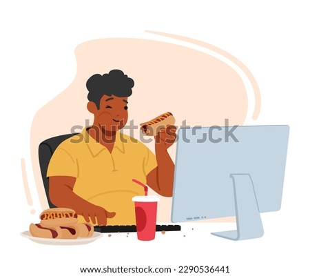 Man Character With An Obsessive Eating Disorder Sit at Desk Struggle With His Weight, Overindulging In Unhealthy Foods And Unable To Break The Cycle Of Binge Eating. Cartoon People Vector Illustration