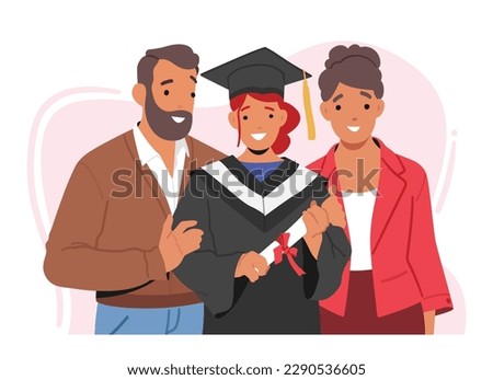 Happy Family Characters Celebrate Daughter Graduation, Embrace And Celebrating Achievement, Proud Of Hard Work And Dedication That Led To This Momentous Occasion. Cartoon People Vector Illustration