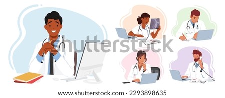 Set of Young Doctor Male and Female Characters Seated At A Desk With Laptop, Studying And Analyzing Patient Data, Enhance Medical Knowledge And Improve Patient Care. Cartoon People Vector Illustration