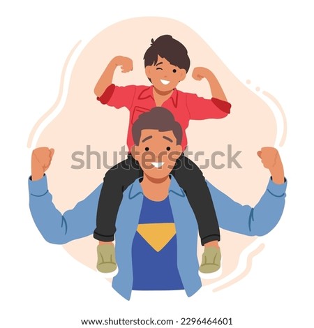 Little Son Perched On Dad's Shoulders Enjoying The View From Above. Father-son Bonding, Height Advantage, And A Sense Of Adventure. Loving Family Characters Fun. Cartoon People Vector Illustration