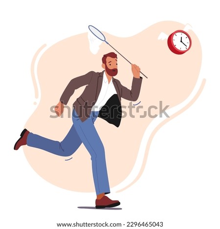 Man Rushes To Catch Alarm Clock With Butterfly Net In Conceptual Art Depicting The Struggle Between People And Time. Male Character Chasing the Running Time. Cartoon People Vector Illustration