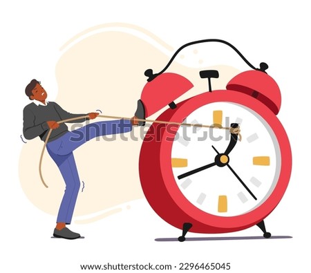 Man Struggles To Reverse Direction Of Oversized Alarm Clock Arrows, Panicking As Time Runs Out. Male Character Trying to Back Time Pulling Arrows with Rope. Cartoon People Vector Illustration