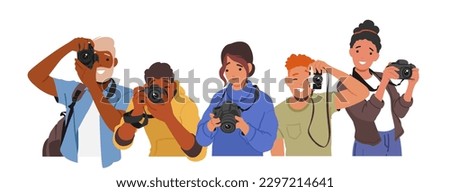 Characters Capturing Moments With Photo Cameras. Holding And Adjusting Settings, Framing Shots, And Capturing Images. Documenting Memories Through The Lens Of A Camera. Cartoon Vector Illustration