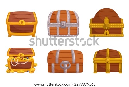 Wooden Treasure Chests Set. Trunks Handcrafted From Quality Timber, Varying In Size, Style, And Design, Ideal For Storage, Decoration, And Imaginative Play. Cartoon Vector Illustration