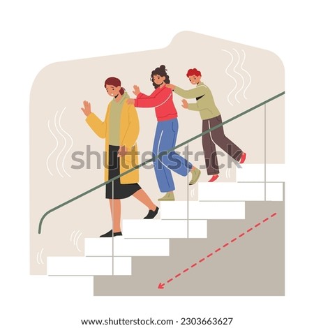 Frightened Characters Support And Cling To One Another As They Cautiously Descend The Stairs During A Tumultuous Earthquake Observing Safety Rules in Accident. Cartoon People Vector Illustration