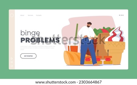 Binge Problems Landing Page Template. Obese Man Struggles To Zip Up Undersized Pants Due To The Restriction Caused By The Tightness Of The Fabric. Fat Male Dress Up. Cartoon People Vector Illustration