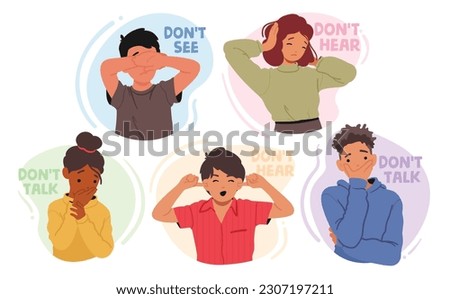 Young Characters Boy and Girls Closing Eyes, Ears and Mouth Like Three Wise Monkeys from the Saying. Kids Do Not See, Hear and Talk, Human Emotion and Body Language. Cartoon Vector Illustration