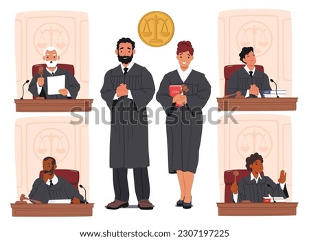 Judges Male and Female Characters In Court. Impartial Legal Authorities Who Interpret Laws, Administer Justice, Make Decisions, Maintain Order, Ensure Fairness, Cartoon People Vector Illustration