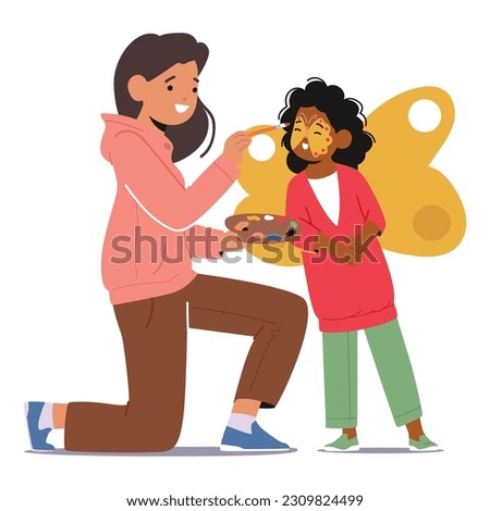 Woman Animator Skillfully Painting A Child's Face, Creating Smiles And Transforming Them Into Magical Butterfly Character With Vibrant Colors Isolated on White. Cartoon People Vector Illustration