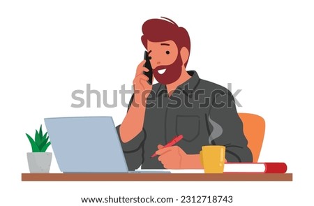 Multitasking Professional Male Character. Man Effortlessly Manages Work On His Laptop While Handling A Phone Call, Showcasing Efficiency And Productivity at Work. Cartoon People Vector Illustration