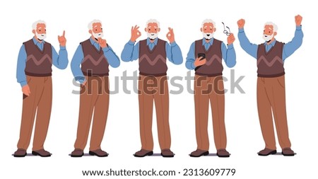 Senior Man Character Displays A Range Of Emotions, Wisdom, Joy, Resilience, Contentment, Contemplation, Through His Expressive Facial Expressions And Body Language. Cartoon People Vector Illustration
