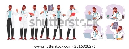 Professional Male Doctor Character In White Lab Coat With Stethoscope, Clipboard, X-ray and Laptop, Man Medic Providing Medical Expertise And Care To Patients. Cartoon People Vector Illustration