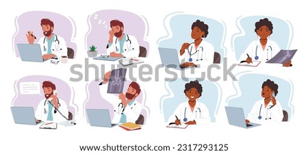 Male And Female Doctor Characters Utilizing Laptops For Efficient Medical Practice, Integrating Technology Into Their Work, Enhancing Patient Care, and Support. Cartoon People Vector Illustration