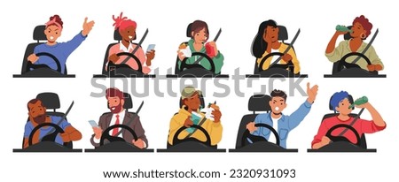 Set of Male and Female Driver Characters in Danger Situations. People Sleeping, Call by Mobile, Eating, Drink Alcohol, Creating Potentially Dangerous Situation On Road. Cartoon Vector Illustration