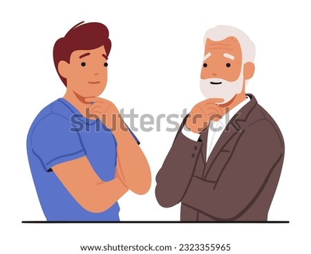 Poignant Moment Where A Young And Old Man Characters Stand Face to Face, Deep In Thought, Touching Their Chins, Symbolizing Contemplation And Wisdom. Cartoon People Vector Illustration
