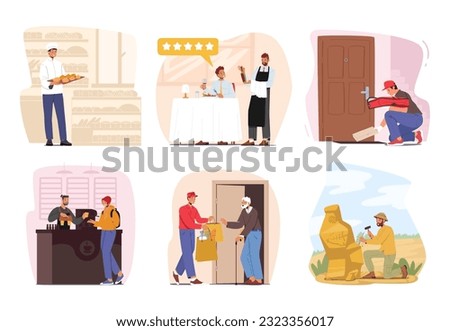 Set of Male Characters Professional Occupation. Men Work as a Baker in the Bakery, Waiter in Restaurant, Courier, Barista, Volunteer and Archeologist Scientist. Cartoon People Vector Illustration