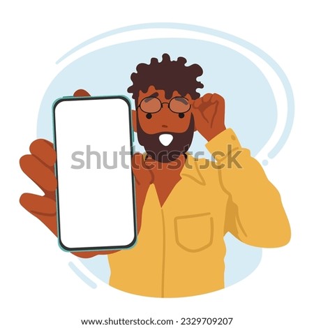 Shocked Black Man Character Displaying His Smartphone Screen, His Expression Filled With Surprise And Amazement As He Shares Something Unexpected. Cartoon People Vector Illustration