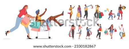 Set of Character Carrying Shopping Bags, Symbolizing Consumerism And Retail Therapy. People Purchasing Goods, Riding Trolley And Get Enjoyment From Shopping Experiences. Cartoon Vector Illustration