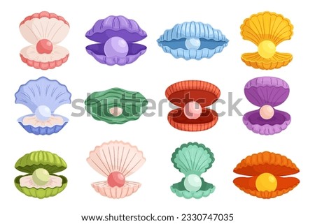 Set of Natural Seashells Housing A Lustrous Pearls, A Rare And Beautiful Treasure Of The Ocean, Radiating Elegance And Captivating The Eye. Colorful Conch Collection Cartoon Vector Illustration