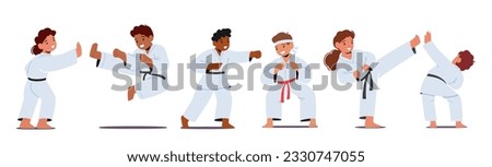 Karate Kids, Young Characters Learning Discipline, Self-defense, And Respect Through The Practice Martial Arts Skills, Developing Physical And Mental Strength. Cartoon People Vector Illustration