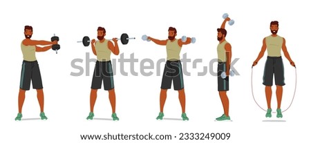 Fit Man Engages In A Dynamic Workout Routine. Black Male Character Combining The Use Of Dumbbells To Build Strength And Jump Rope For Cardiovascular Endurance. Cartoon People Vector Illustration