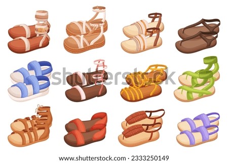Set of Stylish And Comfortable Summer Sandals, Perfect For Warm Weather. They Feature Open-toe Designs, Breathable Materials, And Trendy Details, Summertime Outfit. Cartoon Vector Illustration