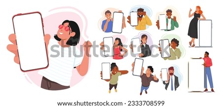 Male and Female Characters Holding Smartphones With Blank Screens, Ready For Customization Or App Usage. The Empty Screens Provide Accessing Various Applications. Cartoon People Vector Illustration