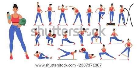 Active Woman Engaged In Fitness Activities, Demonstrating Strength, Flexibility, And Endurance Through Exercises Such As Weightlifting, Yoga, Running, And Cardio Workouts. Cartoon Vector Illustration