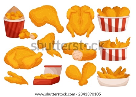 Delicious, Crispy Fried Chicken Legs, Wings, Nuggets or Drumsticks. Popular Fast Food Choice For Satisfying And Convenient Meal Packed in Paper Boxes for Eating On The Go. Cartoon Vector Illustration