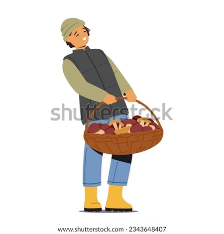 Young Child Boy Character Proudly Presents Large Mushroom-filled Basket, Eyes Gleaming With Excitement. A Bountiful Harvest For A Budding Forager. Cartoon People Vector Illustration