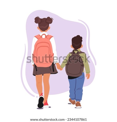 Two Children Characters With Backpacks Walking Hand In Hand Towards School, Rear View. Excitement And Anticipation In Their Steps As They Head Towards Education. Cartoon People Vector Illustration