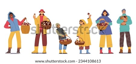 Characters Cheerfully Carry Baskets Filled With Various Mushrooms, Collected From The Woods. Their Faces Reflect The Joy Of A Successful Foraging Adventure. Cartoon People Vector Illustration