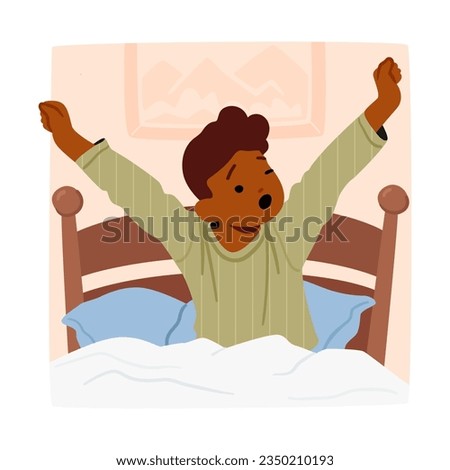 Little Boy Wakes Up, Stretches Arms and Body Sitting on Bed. Little Child Character Awakening With A Yawn, Awakens From Slumber, Ready to Greet The New Day. Cartoon People Vector Illustration