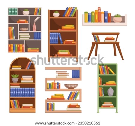 Isolated Bookcases and Shelves Adorned With A Diverse Collection Of Books, Offering A Literary Haven And Visual Delight For Reading Enthusiasts And Home Decor Aficionados. Cartoon Vector Illustration