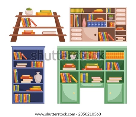 Bookcases or Library Shelves Adorned With An Array Of Books, Offering A Captivating Display Of Knowledge And Stories, Inviting Readers To Explore And Discover New Worlds. Cartoon Vector Illustration