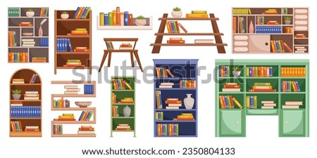 Bookcases With An Array Of Books, Forming A Captivating Visual Display That Invites Exploration And Offers A Glimpse Into Diverse Worlds Of Knowledge And Imagination. Cartoon Vector Illustration