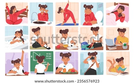 Little Girl Daily Routine. Character Wake Up, Brushes Teeth, Exercise, Eat Breakfast, Get Dressed, School, Lunch, Hobby, Nap, Playtime, Dinner, Bath and Bedtime. Cartoon People Vector Illustration