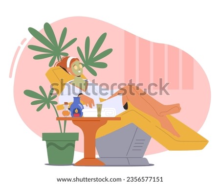 Serene Woman Indulges In Self-care At Spa, Applying Face Mask While Reclining On Chair. Pampering Session At Care Of Skin Promotes Relaxation And Rejuvenation. Cartoon People Vector Illustration