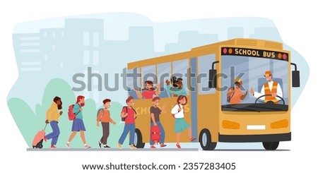 Excited Kids Eagerly Board The School Bus, Backpacks Slung Over Shoulders And Laughter Filling The Air, Ready For A Day Of Learning And Adventures With Friends. Cartoon People Vector Illustration