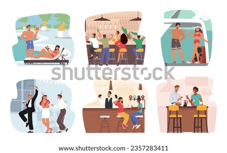 Characters in Crowded Bar Filled With Laughter And Chatter. People Mingling, Clinking Glasses, Enjoying Drinks. Music Playing In The Background Adds The Lively Atmosphere. Cartoon Vector Illustration