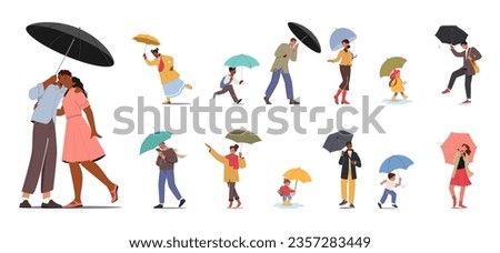 Characters At Rainy Day. People Huddled Under Umbrellas, Wearing Raincoats, And Carrying Bags. Children Enjoying while Adults Hurry and Escaping The Wet Weather. Cartoon Vector Illustration