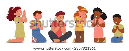 Children Boys and Girls Characters In Peaceful Prayer, Eyes Closed, Hands Folded. Innocent Expressions Convey Faith And Hope, Creating Heartwarming And Serene Scene. Cartoon People Vector Illustration