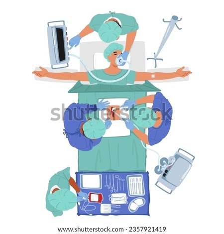 Top View Of Surgery, Operating Table Surrounded By Medical Equipment, Surgical Team, And Patient. Precise And Coordinated Movements Ensure Successful Procedures. Cartoon People Vector Illustration
