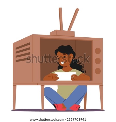 Young Girl Character Broadcasting News, Imagine herself as an Anchorman in Cardboard Tv Set, Exudes Charm. A Delightful Play Of Innocence Within A Makeshift Studio. Cartoon People Vector Illustration