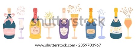 Champagne Bottles and Wineglasses, Sparkling Wine, Effervesces With Celebration. It Gracefully Fills A Wineglass, Golden Bubbles Dancing, Embodying Elegance And Festivity. Cartoon Vector Illustration