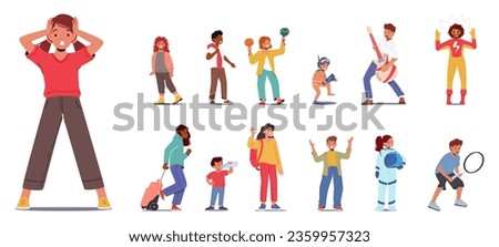 Set of Children. Girls and Boys Characters Play Guitar, Maracas and Tennis, Astronaut, Schoolkids and Super Hero, Drink Water, Wear Flippers and Mask, Shocked Face. Cartoon People Vector Illustration